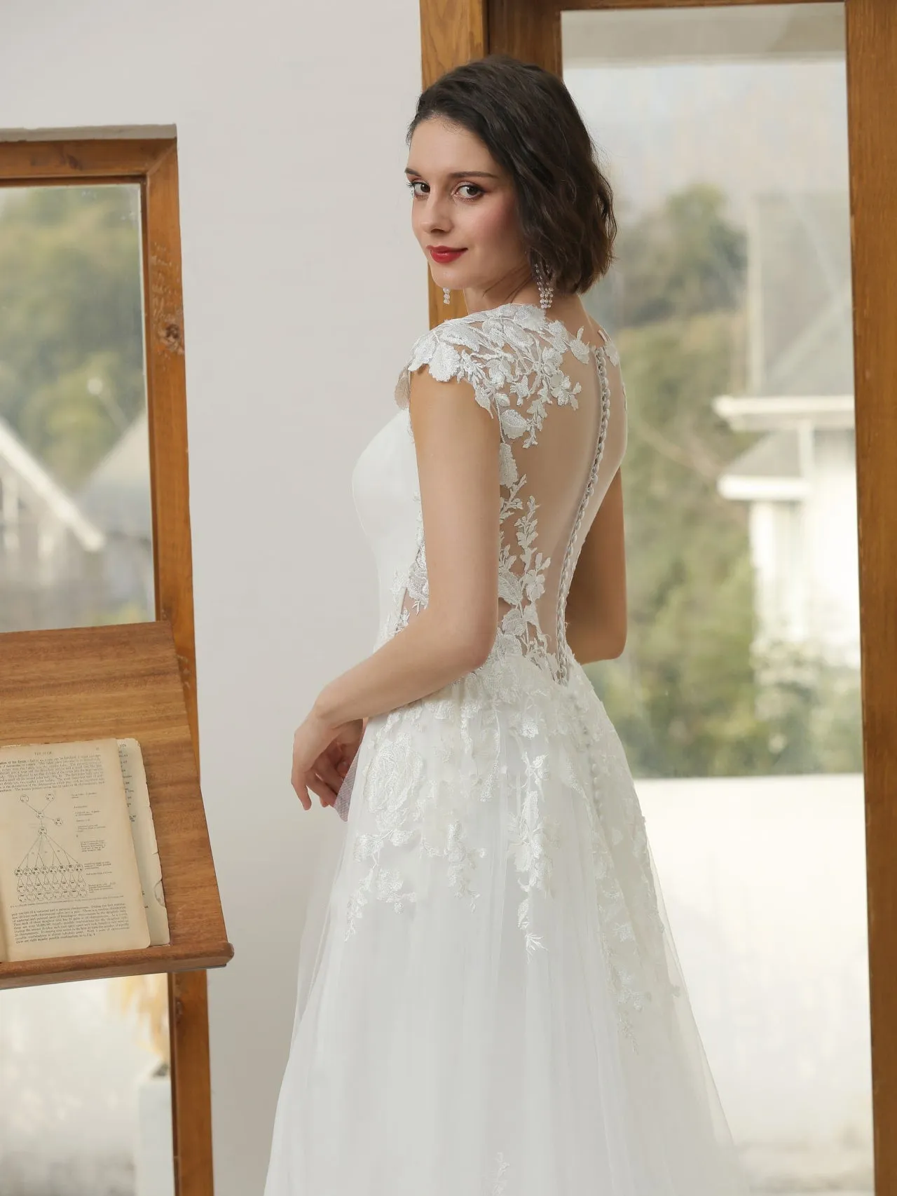 Floral Lace Crepe Sheath Wedding Dress with Tulle Overskirt | Abigail