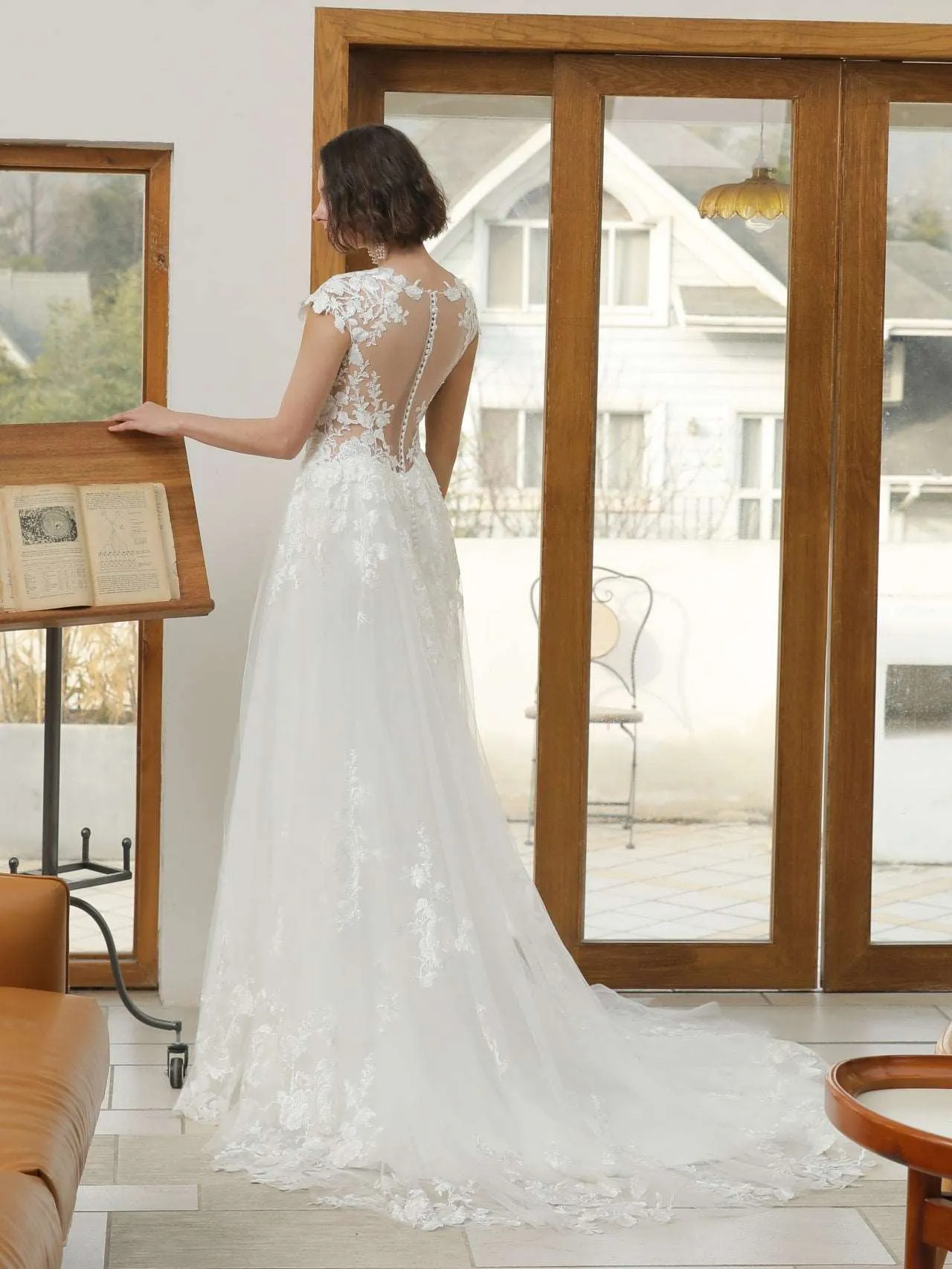 Floral Lace Crepe Sheath Wedding Dress with Tulle Overskirt | Abigail