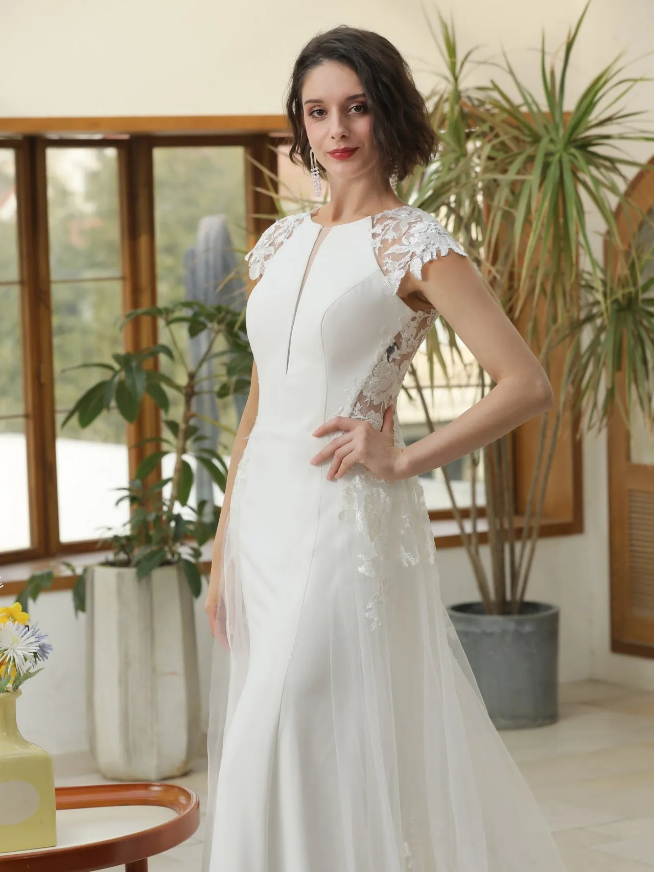 Floral Lace Crepe Sheath Wedding Dress with Tulle Overskirt | Abigail