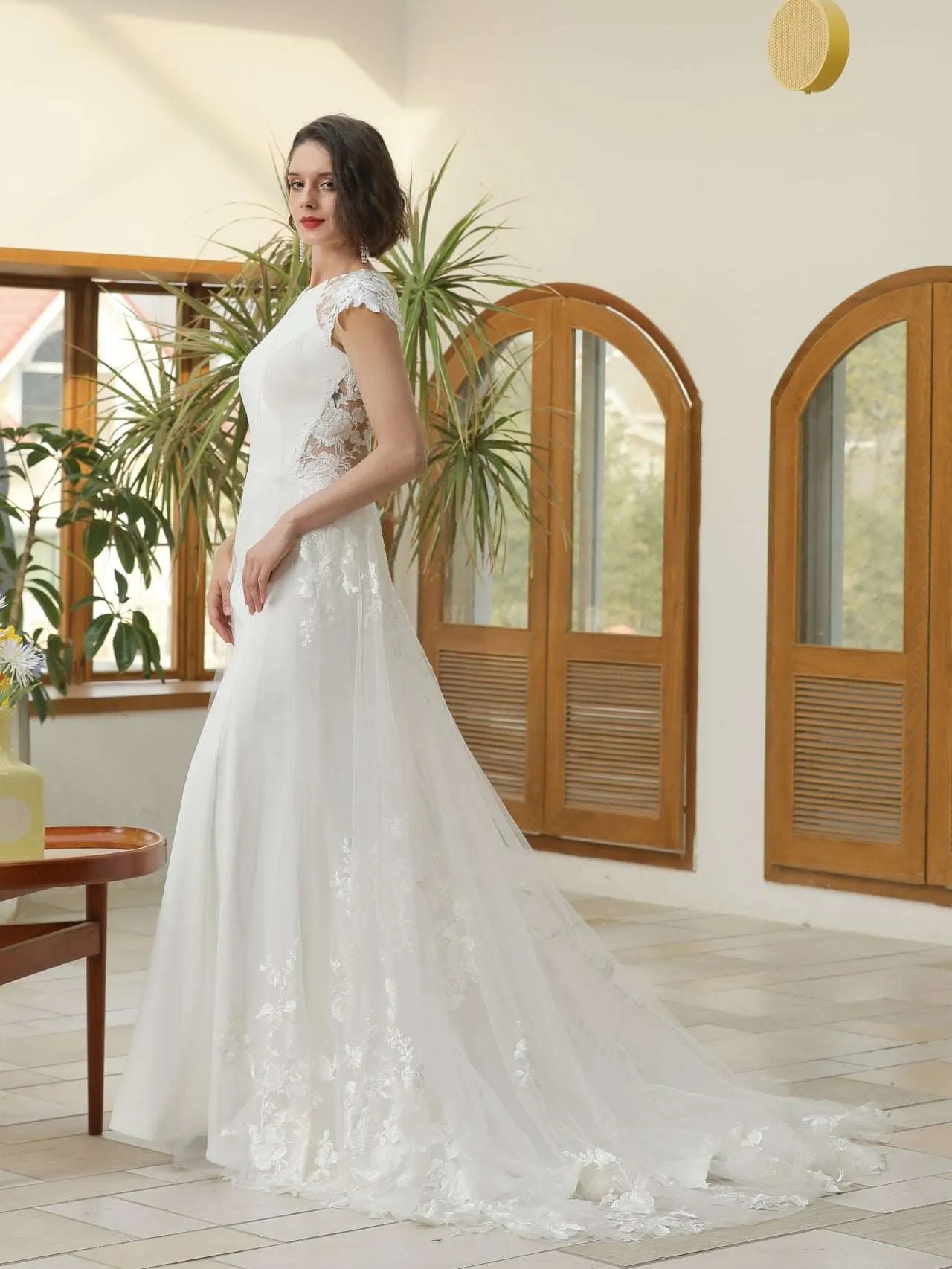 Floral Lace Crepe Sheath Wedding Dress with Tulle Overskirt | Abigail