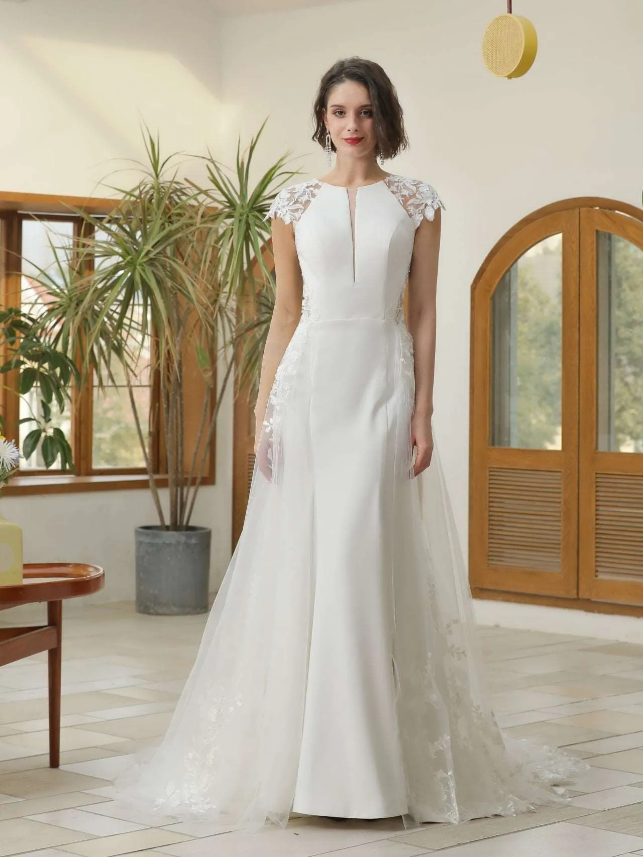Floral Lace Crepe Sheath Wedding Dress with Tulle Overskirt | Abigail