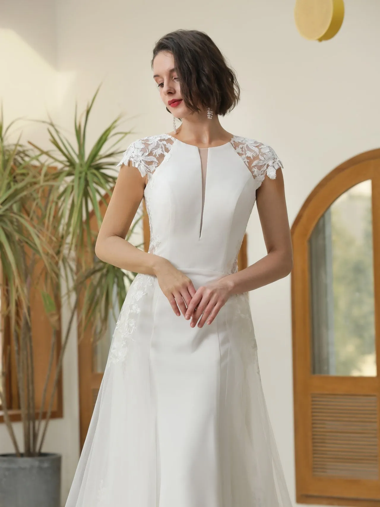 Floral Lace Crepe Sheath Wedding Dress with Tulle Overskirt | Abigail