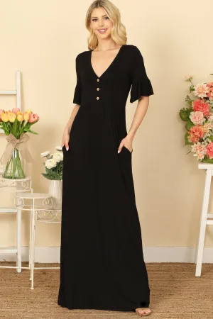 FLOUNCE SLEEVE V-NECK BUTTON DETAIL SIDE POCKET SOLID MAXI DRESS