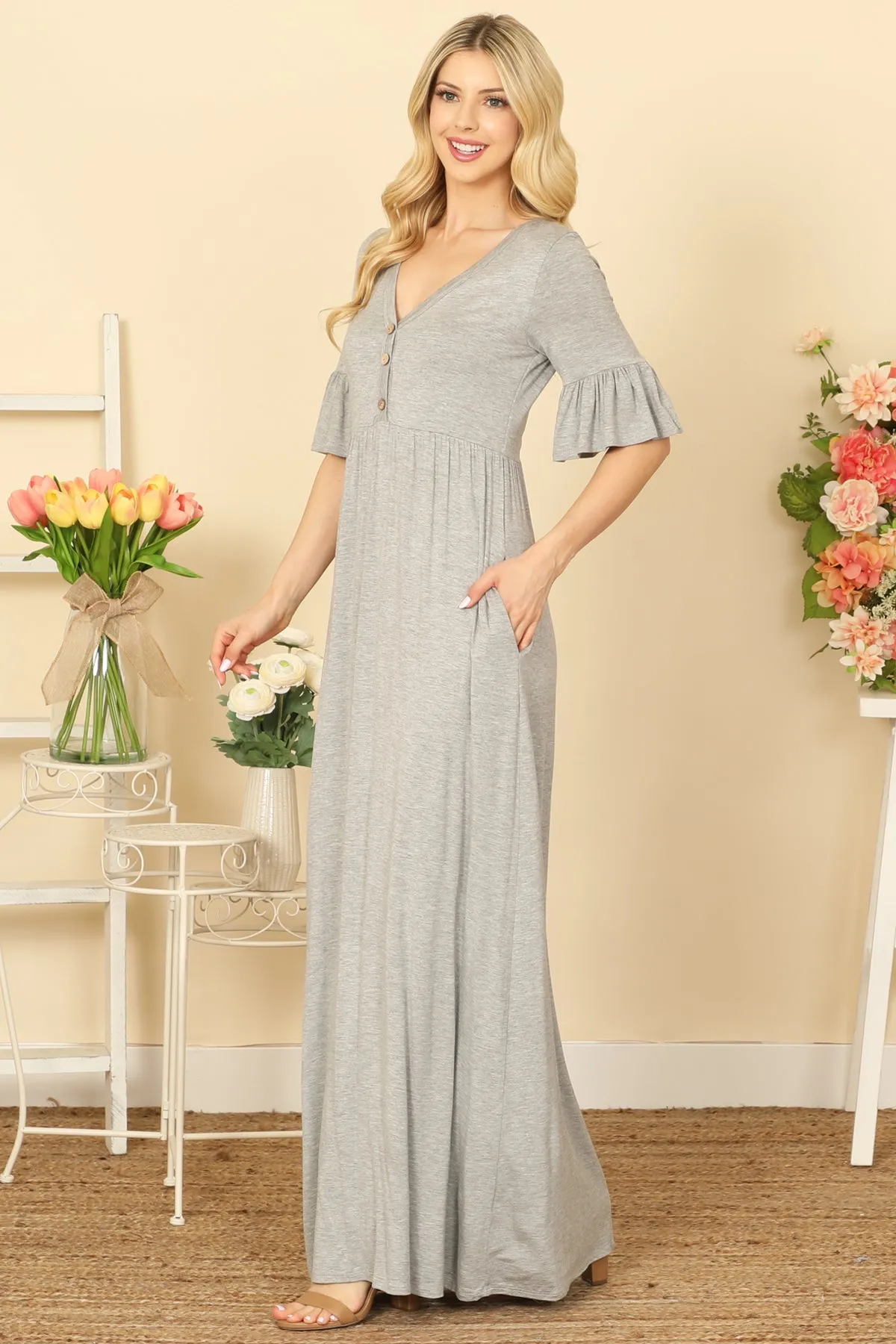 FLOUNCE SLEEVE V-NECK BUTTON DETAIL SIDE POCKET SOLID MAXI DRESS