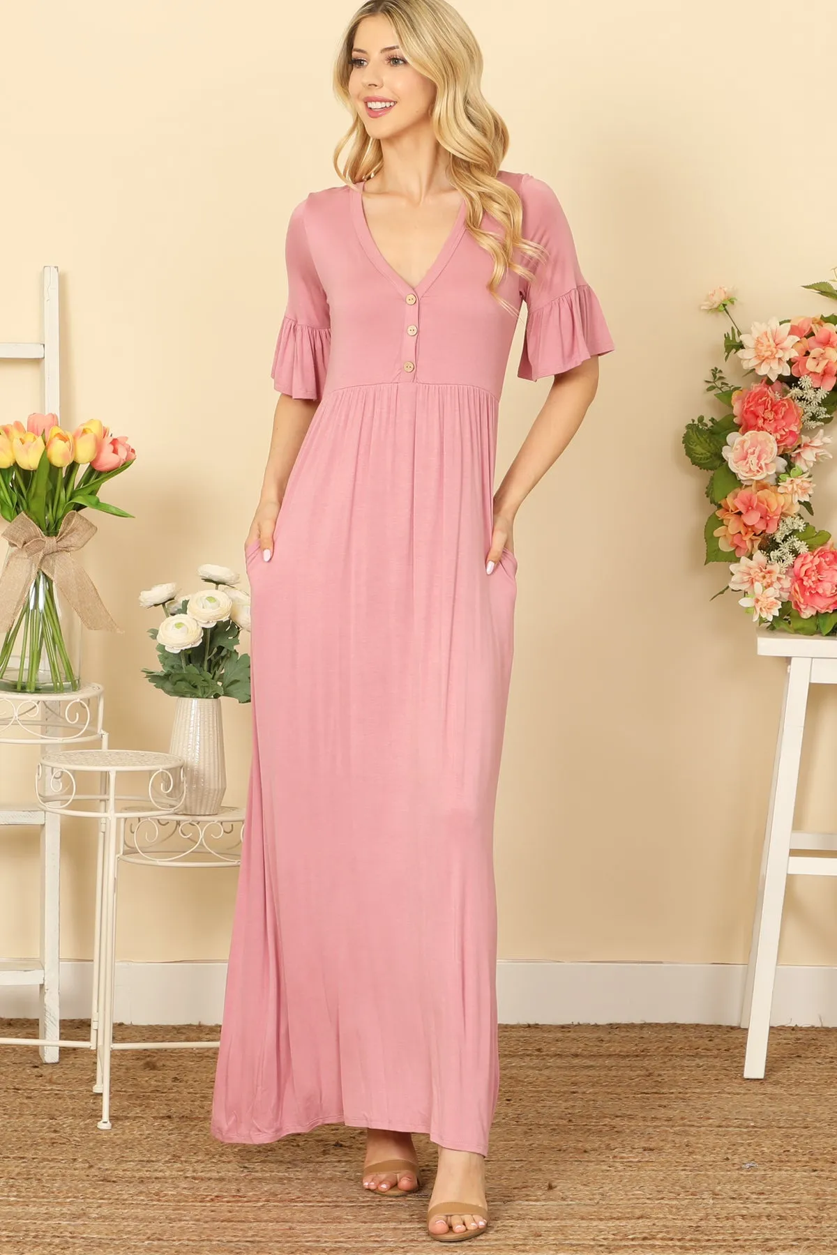FLOUNCE SLEEVE V-NECK BUTTON DETAIL SIDE POCKET SOLID MAXI DRESS