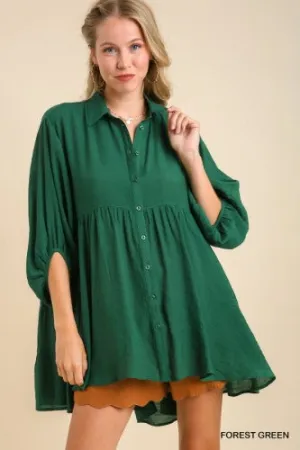 Forest Green Button Front Tiered Back Top