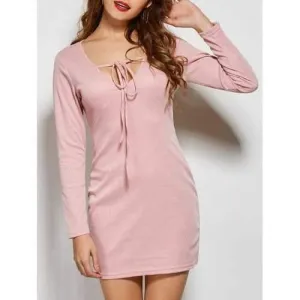 Front Tie Long Sleeve Bodycon Casual Dress - Pink Xl