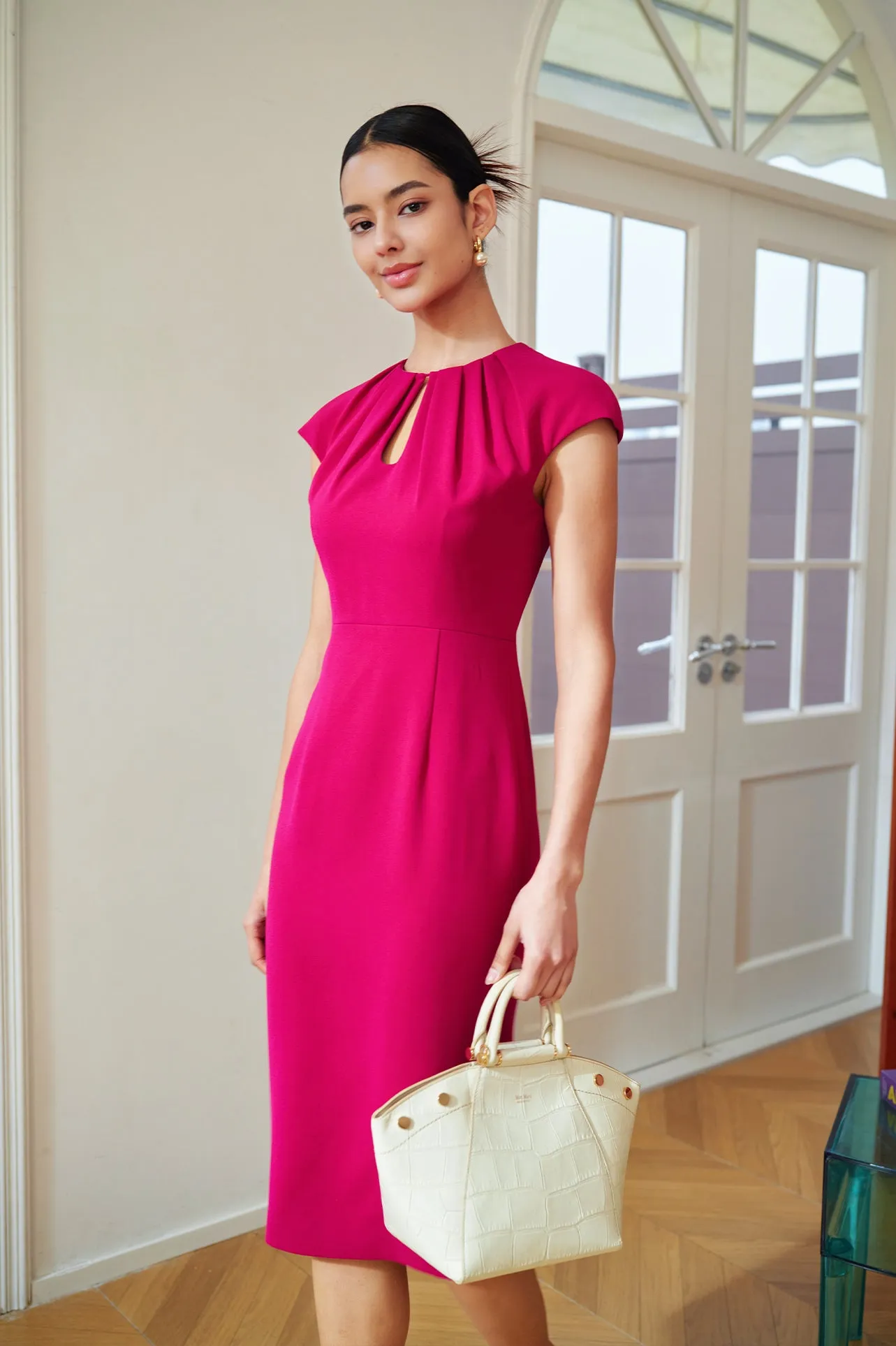 FUCHSIA CAP-SLEEVE TAILORED DRESS