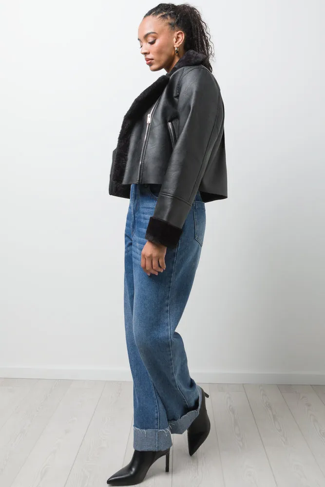 Fur Trim Aviator Jacket Black