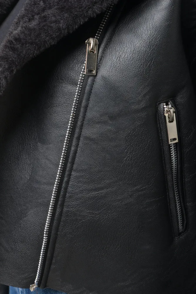 Fur Trim Aviator Jacket Black