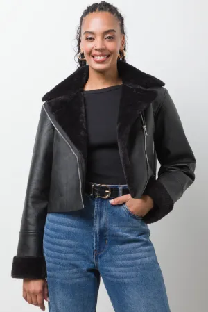 Fur Trim Aviator Jacket Black
