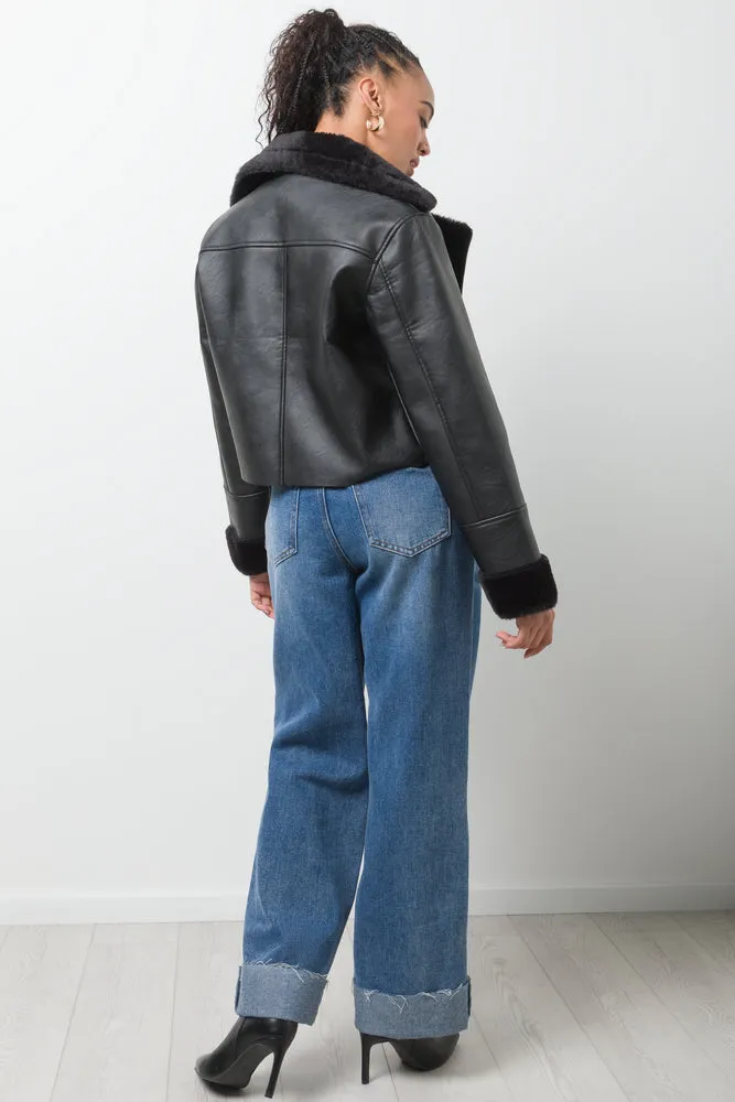 Fur Trim Aviator Jacket Black