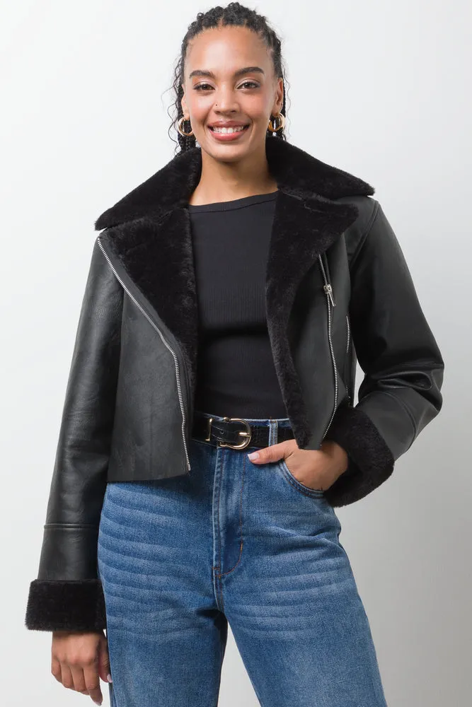 Fur Trim Aviator Jacket Black
