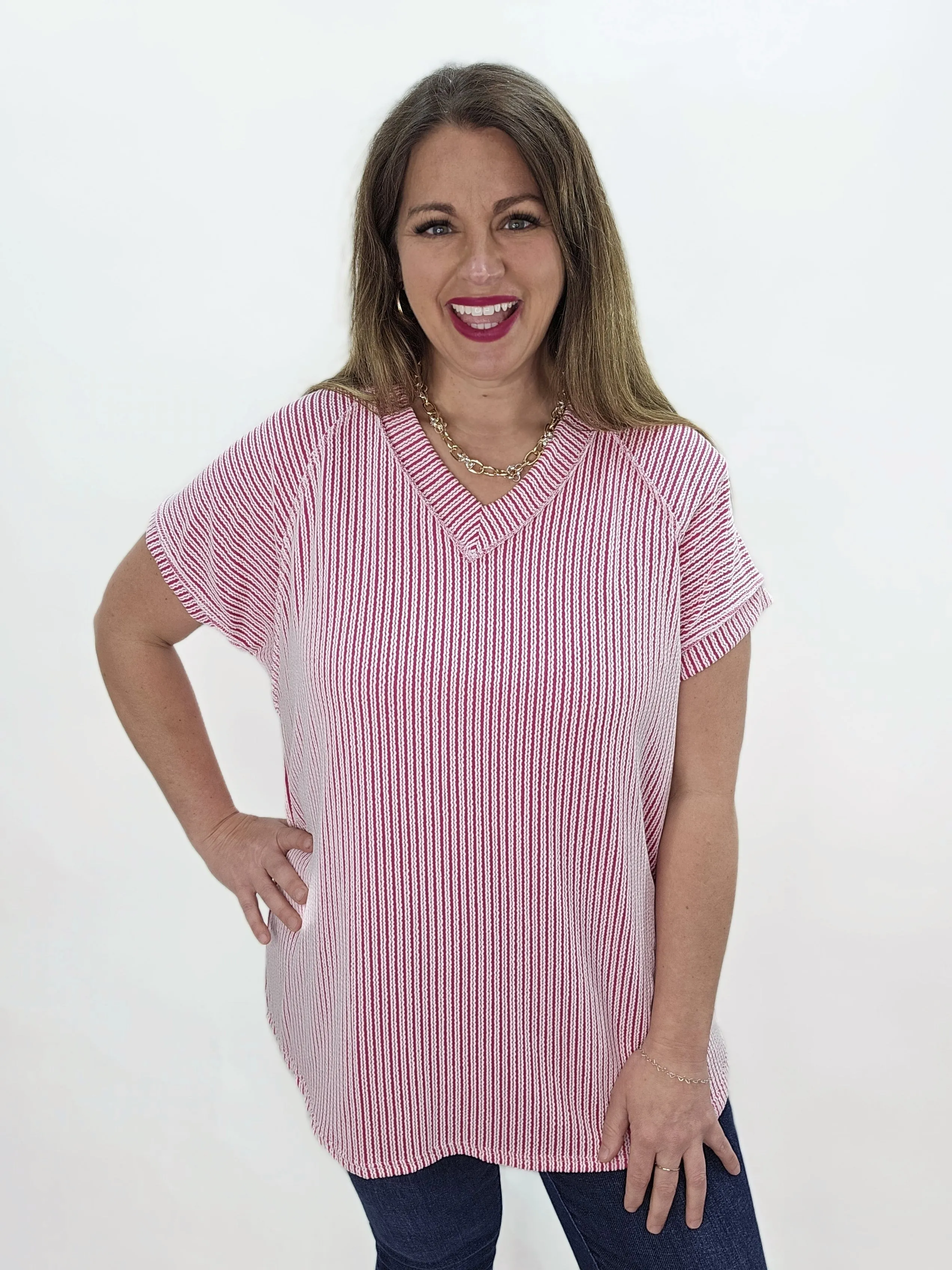 FUSCHIA TWO TONE RASIED RIBBED V NECK TOP