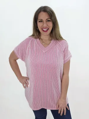 FUSCHIA TWO TONE RASIED RIBBED V NECK TOP