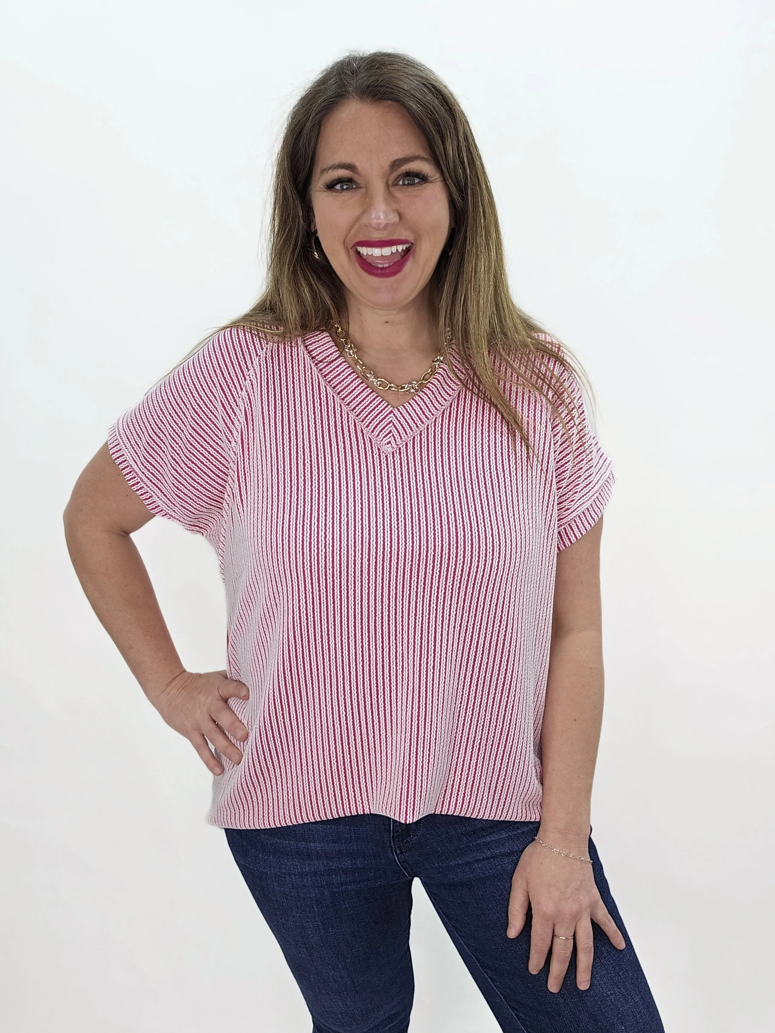 FUSCHIA TWO TONE RASIED RIBBED V NECK TOP