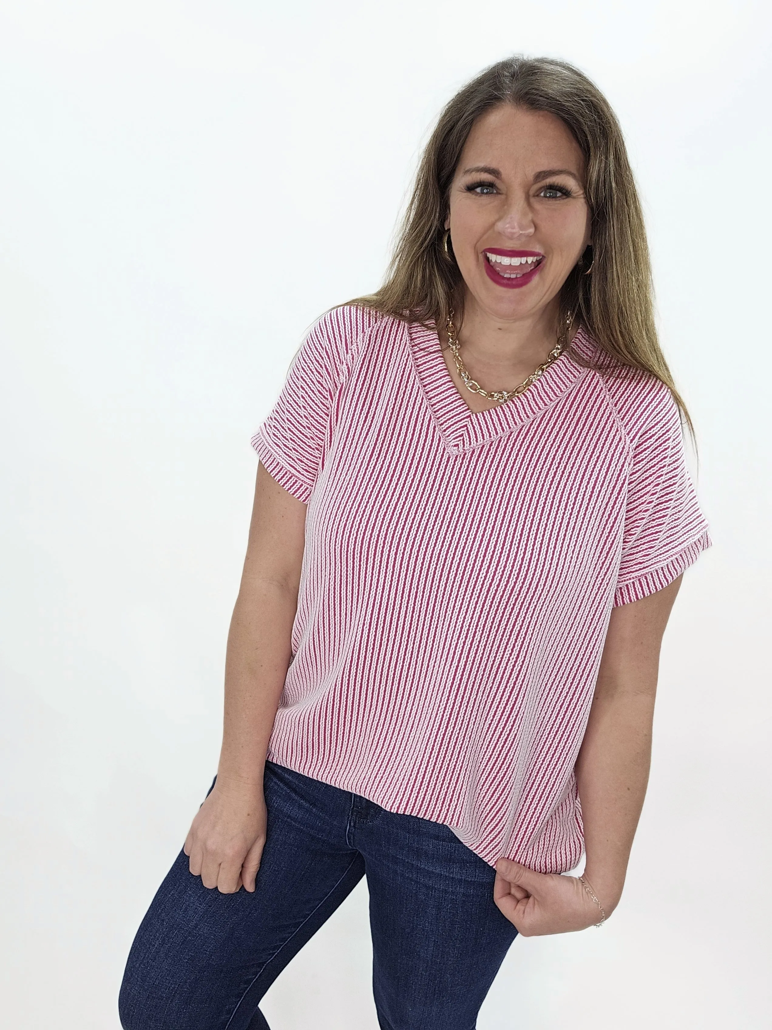 FUSCHIA TWO TONE RASIED RIBBED V NECK TOP