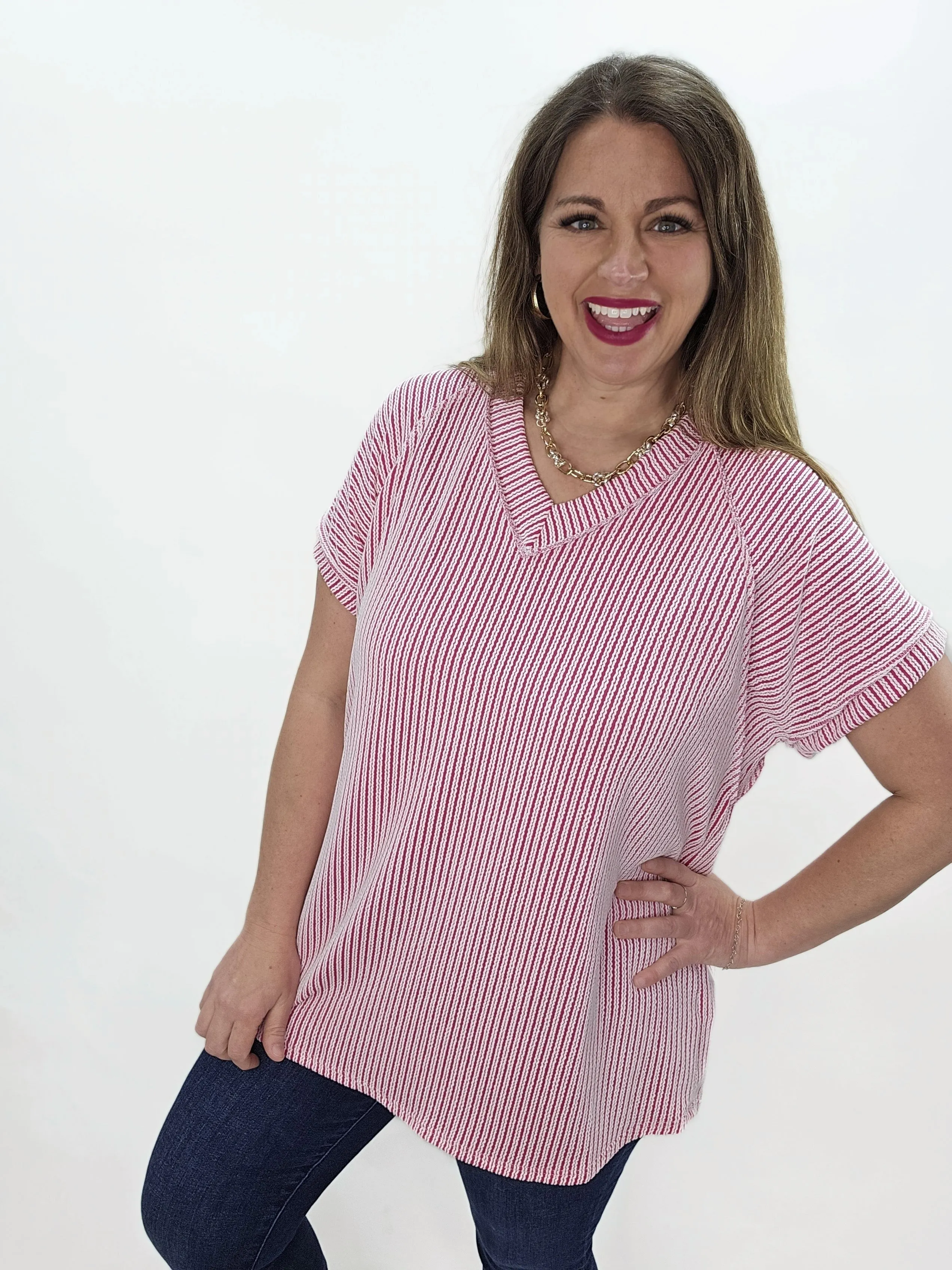 FUSCHIA TWO TONE RASIED RIBBED V NECK TOP