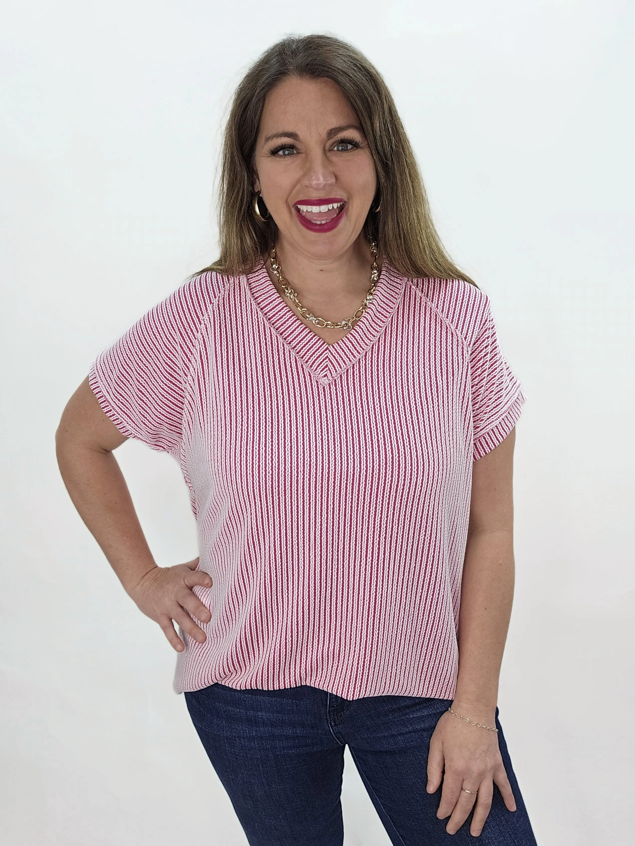 FUSCHIA TWO TONE RASIED RIBBED V NECK TOP
