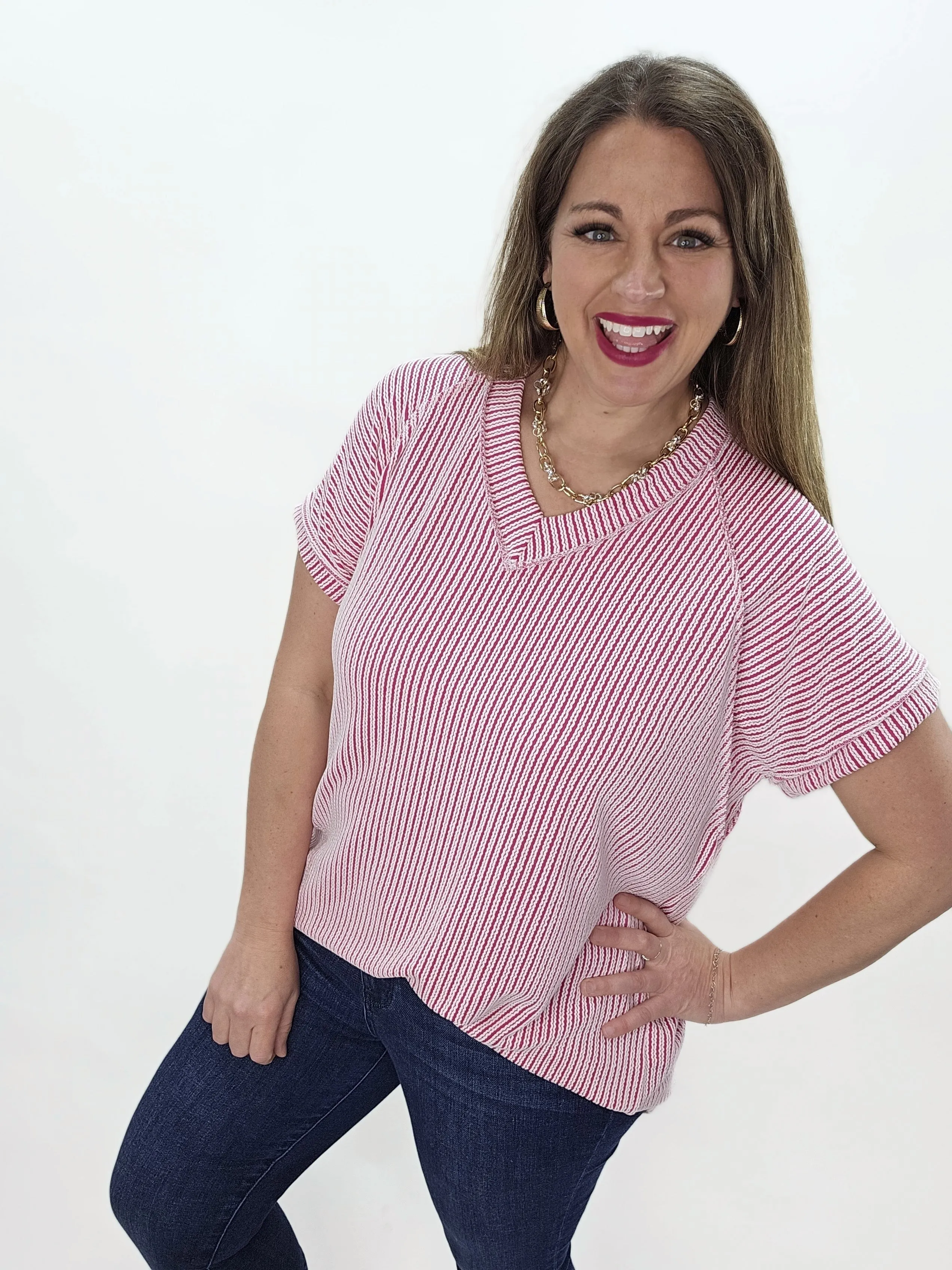 FUSCHIA TWO TONE RASIED RIBBED V NECK TOP