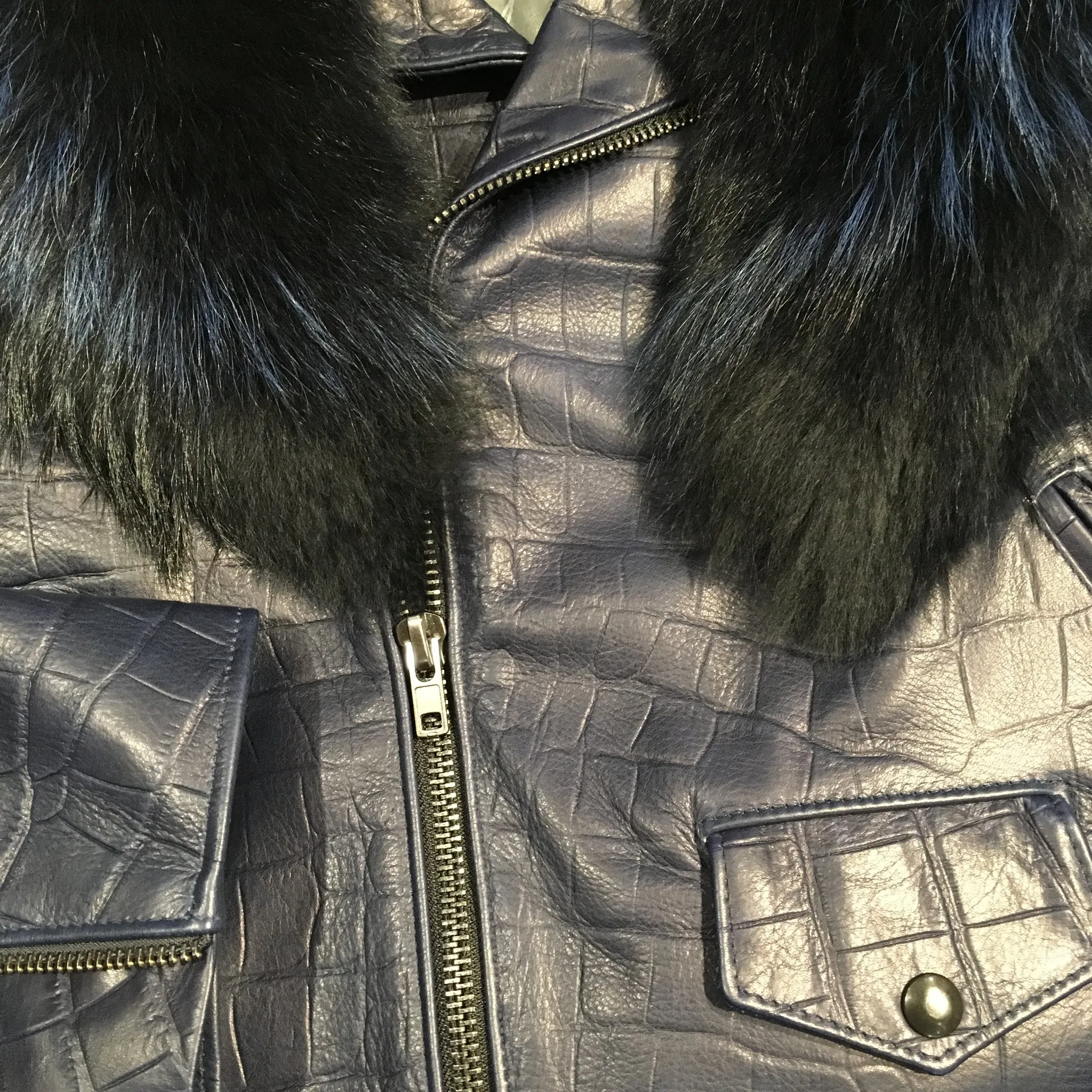 G-Gator Alligator Print Lambskin Moto Jacket w/ Full Fox Collar