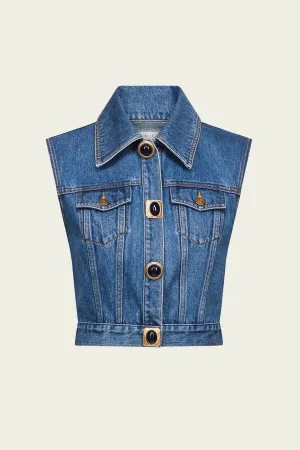 Gemstone Button Denim Gilet in Medium Blue