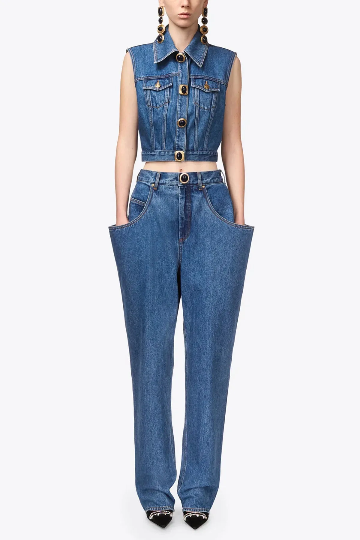 Gemstone Button Denim Gilet in Medium Blue