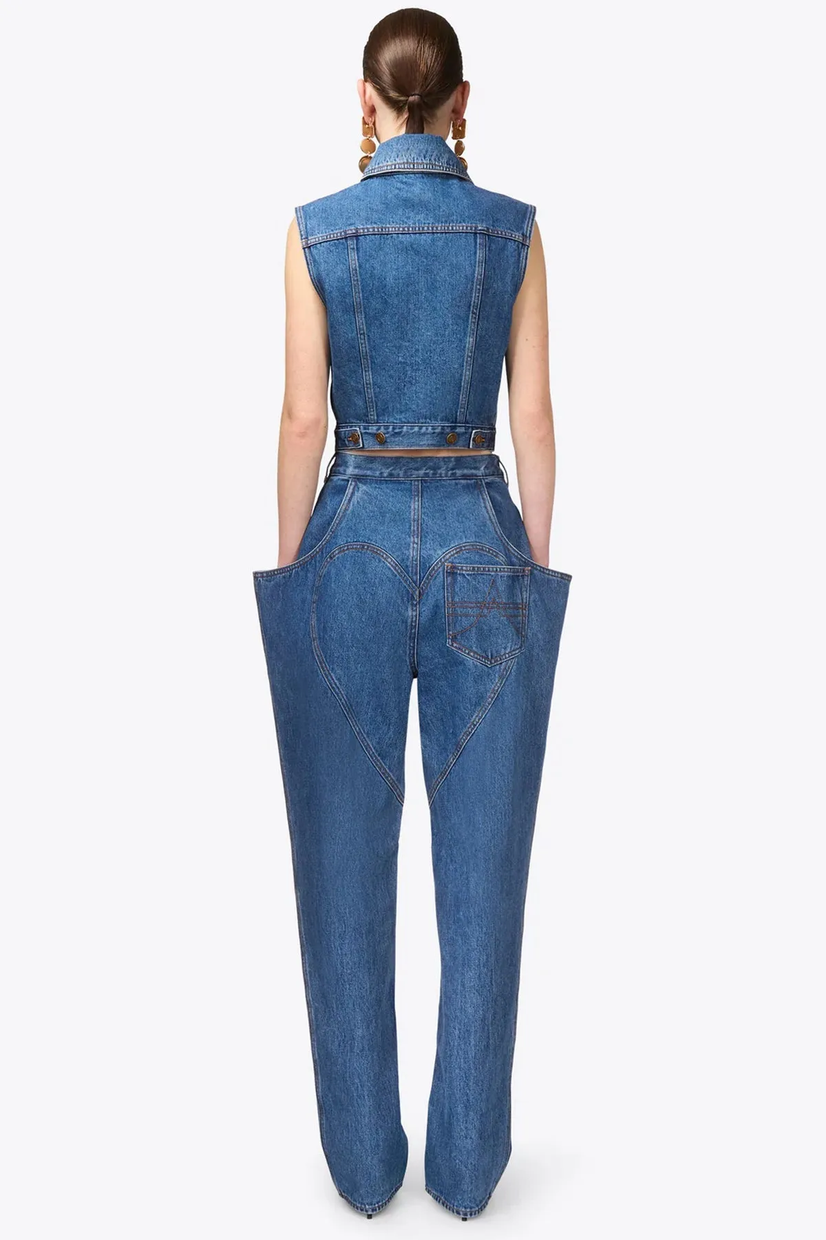 Gemstone Button Denim Gilet in Medium Blue