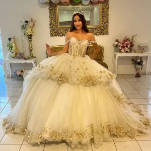 Glittering Champagne Pearls Off-Shoulder Quinceanera Dresses Vestidos De 15 Anos 3D Flowers Formal Princess Birthday
