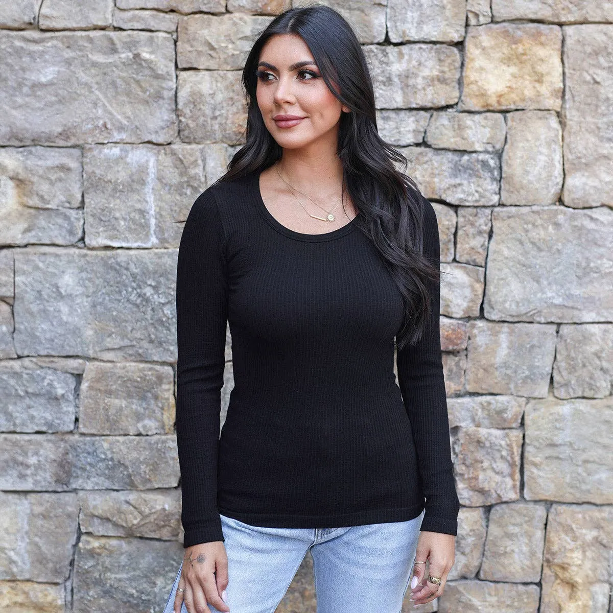 Grace and Lace Hip Length Scoop Neck Long Sleeve Brami in Black