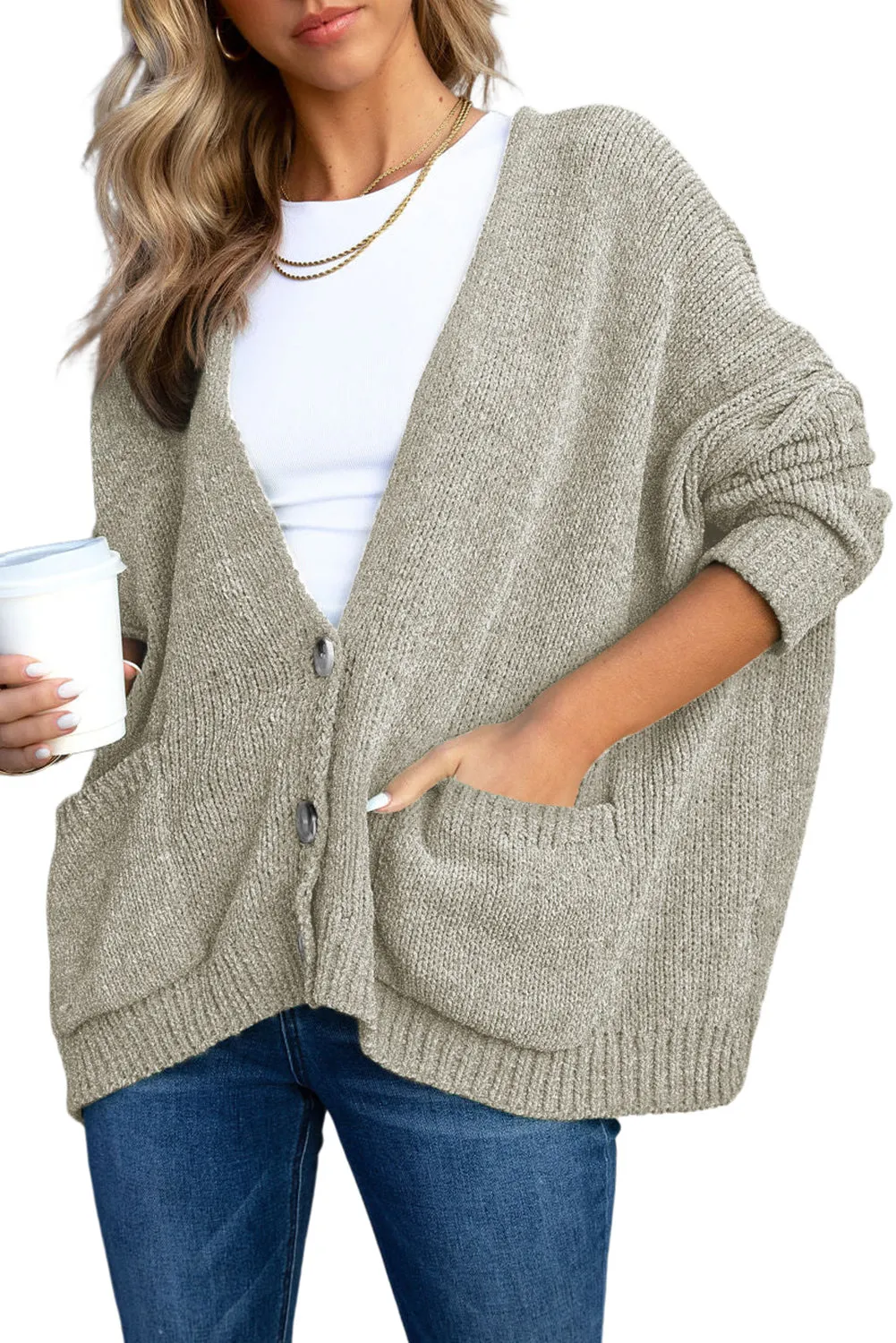 Gray Button Plunging V Neck Pocketed Sweater Cardigan
