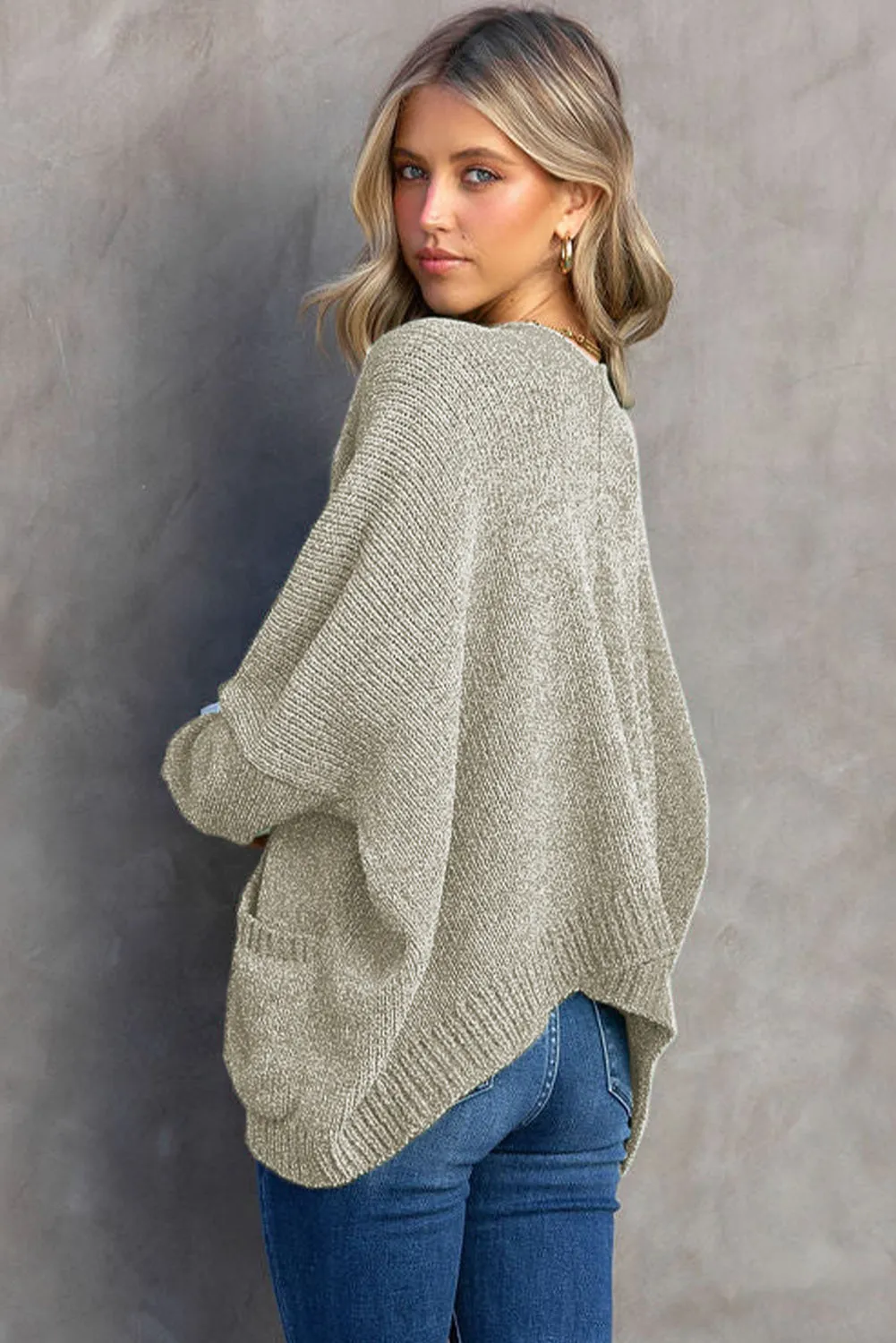 Gray Button Plunging V Neck Pocketed Sweater Cardigan