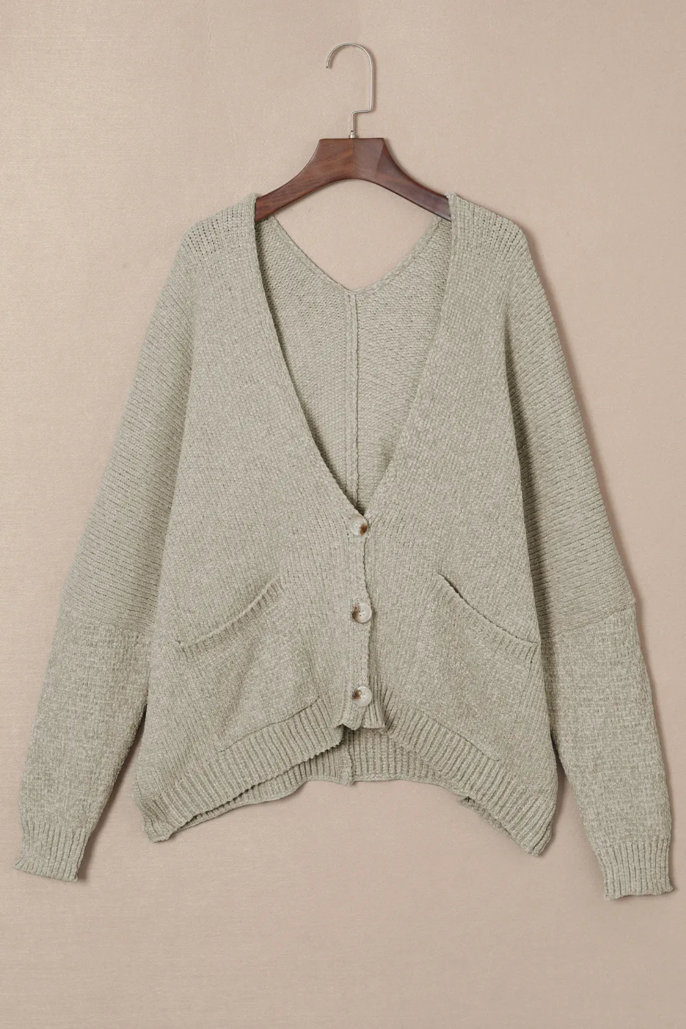 Gray Button Plunging V Neck Pocketed Sweater Cardigan