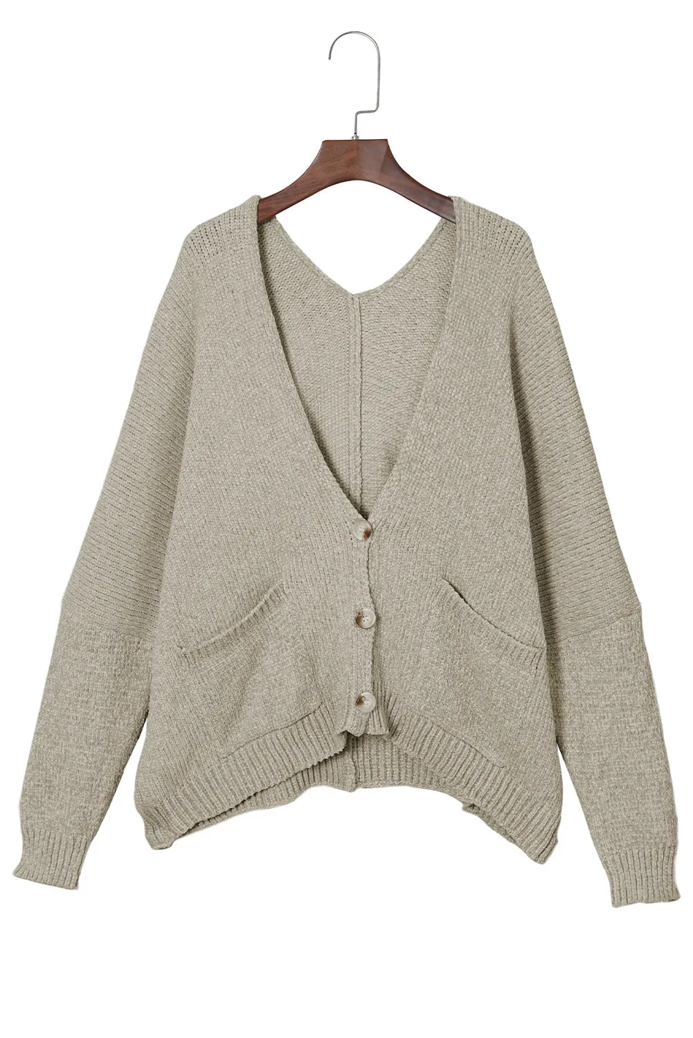 Gray Button Plunging V Neck Pocketed Sweater Cardigan