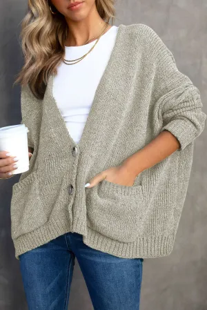 Gray Button Plunging V Neck Pocketed Sweater Cardigan