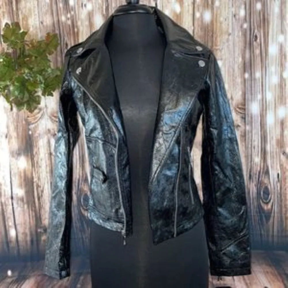 GUESS Faux-Leather Moto Jacket - Size S - Black