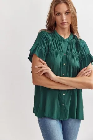 H Green Short Sleeve Ruch Button Up Flutter Sleeve