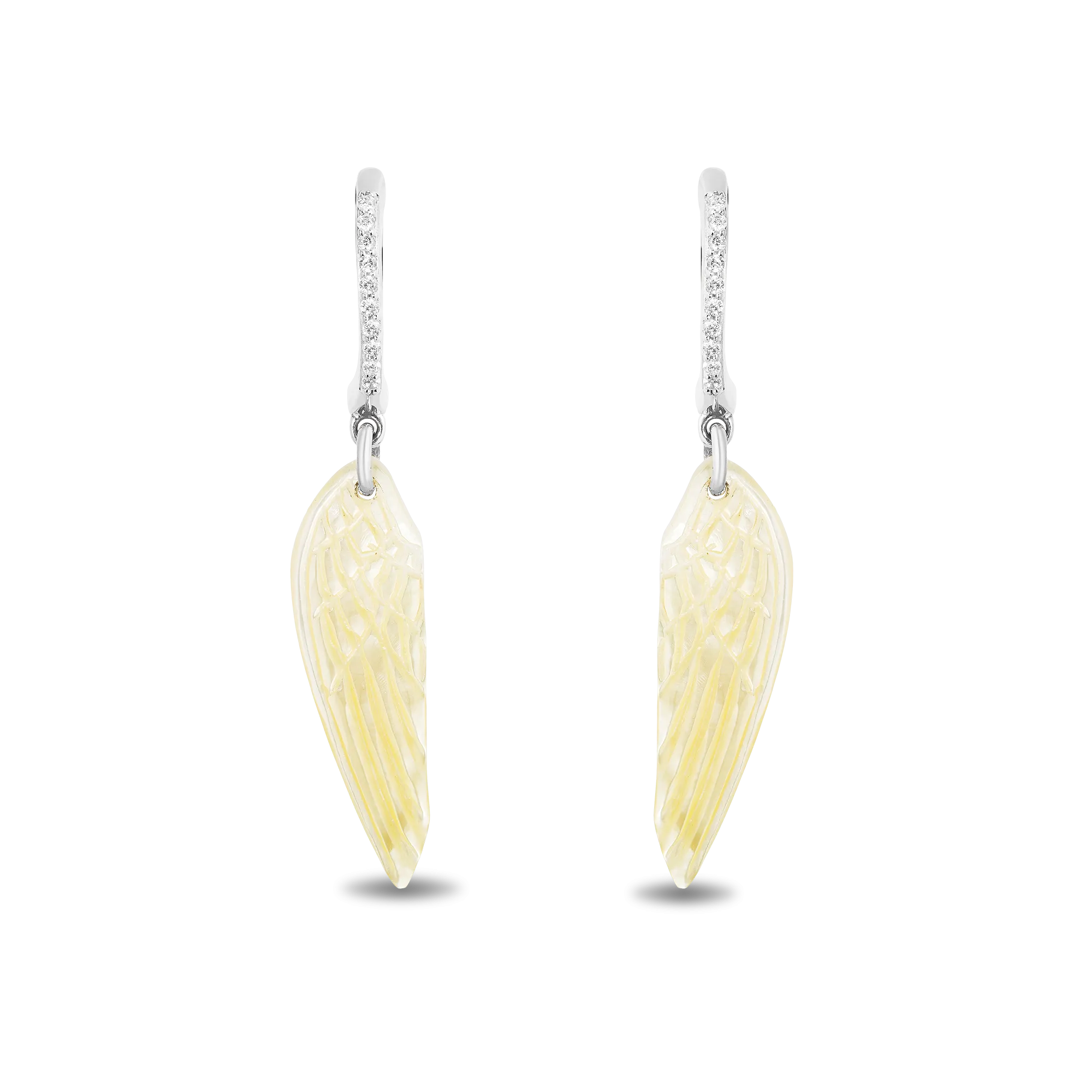Hallmark Fine Jewelry Wing Drop Earrings in Golden Carved Mother of Pearl and Sterling Silver with Diamonds