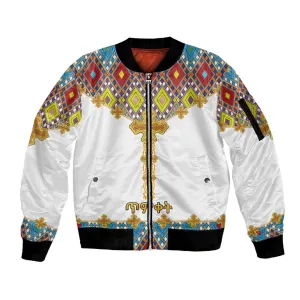Happy Ethiopian Timkat Sleeve Zip Bomber Jacket Cross Mix Tilet Pattern LT15