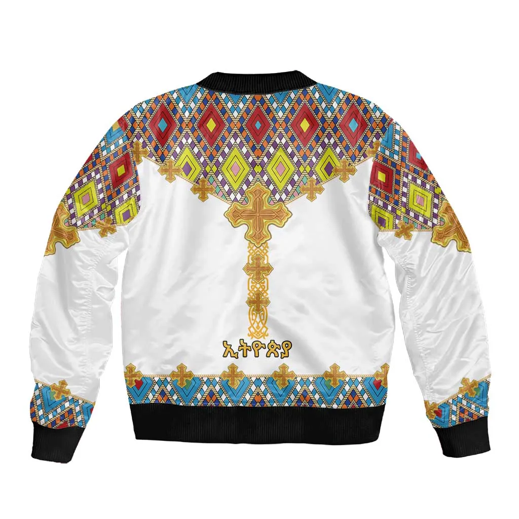 Happy Ethiopian Timkat Sleeve Zip Bomber Jacket Cross Mix Tilet Pattern LT15