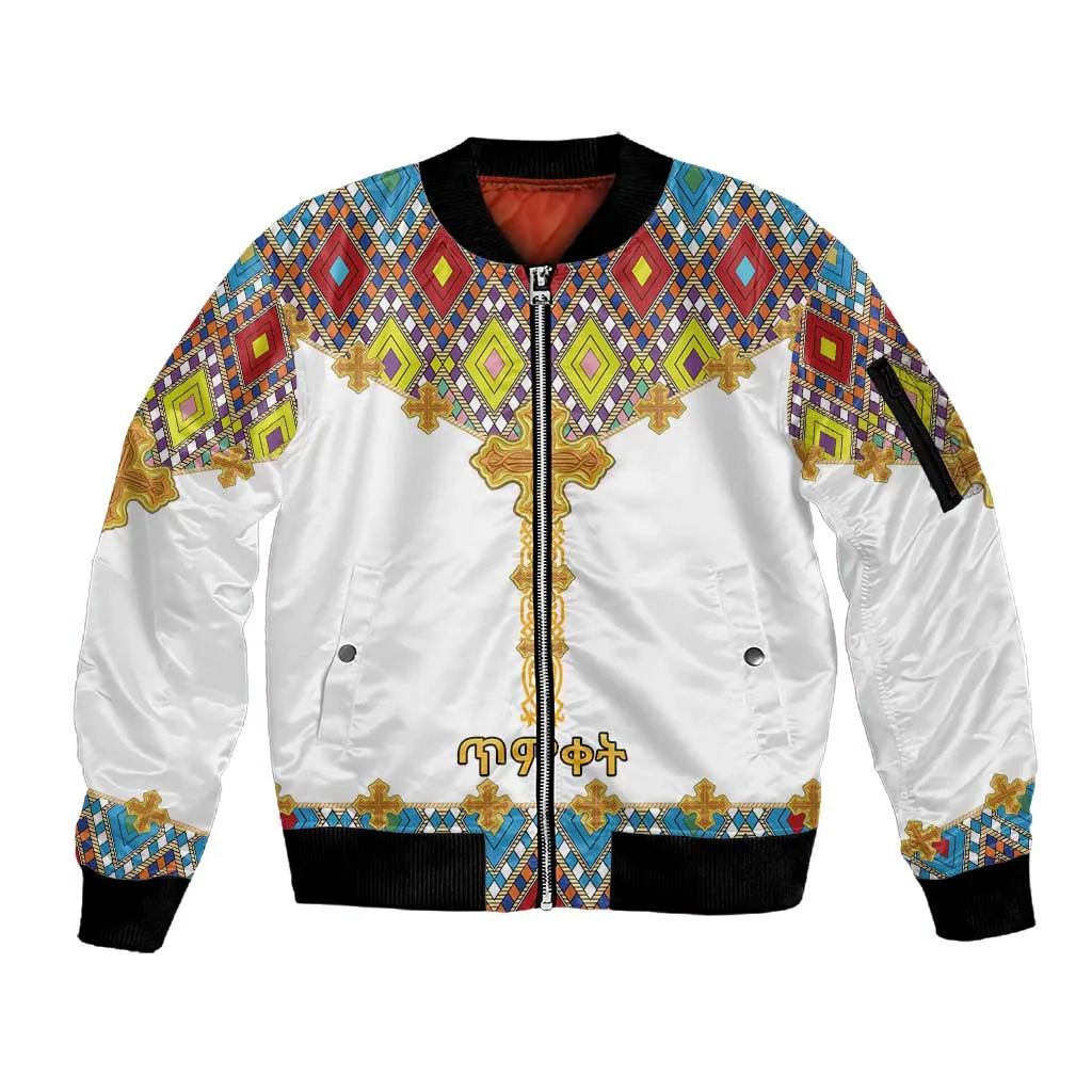 Happy Ethiopian Timkat Sleeve Zip Bomber Jacket Cross Mix Tilet Pattern LT15
