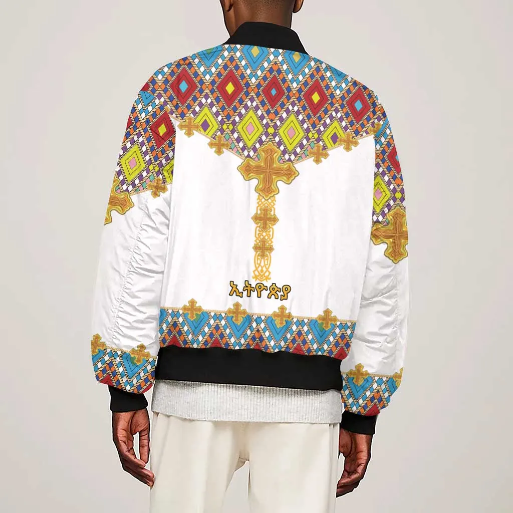 Happy Ethiopian Timkat Sleeve Zip Bomber Jacket Cross Mix Tilet Pattern LT15