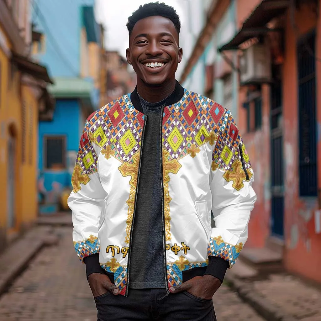 Happy Ethiopian Timkat Sleeve Zip Bomber Jacket Cross Mix Tilet Pattern LT15