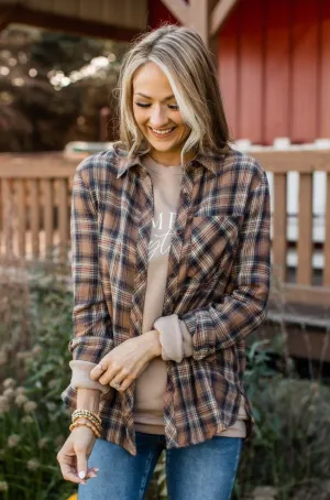 Harvest Season Plaid Button Top- Brown & Navy