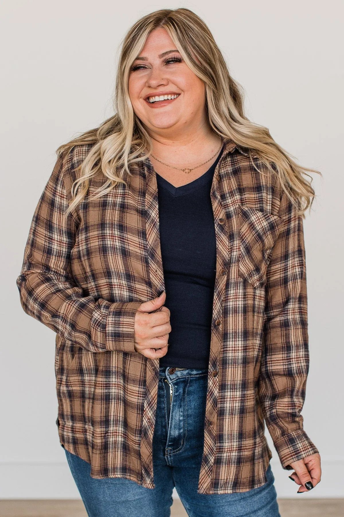 Harvest Season Plaid Button Top- Brown & Navy