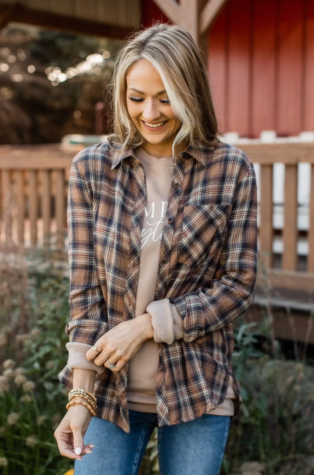 Harvest Season Plaid Button Top- Brown & Navy