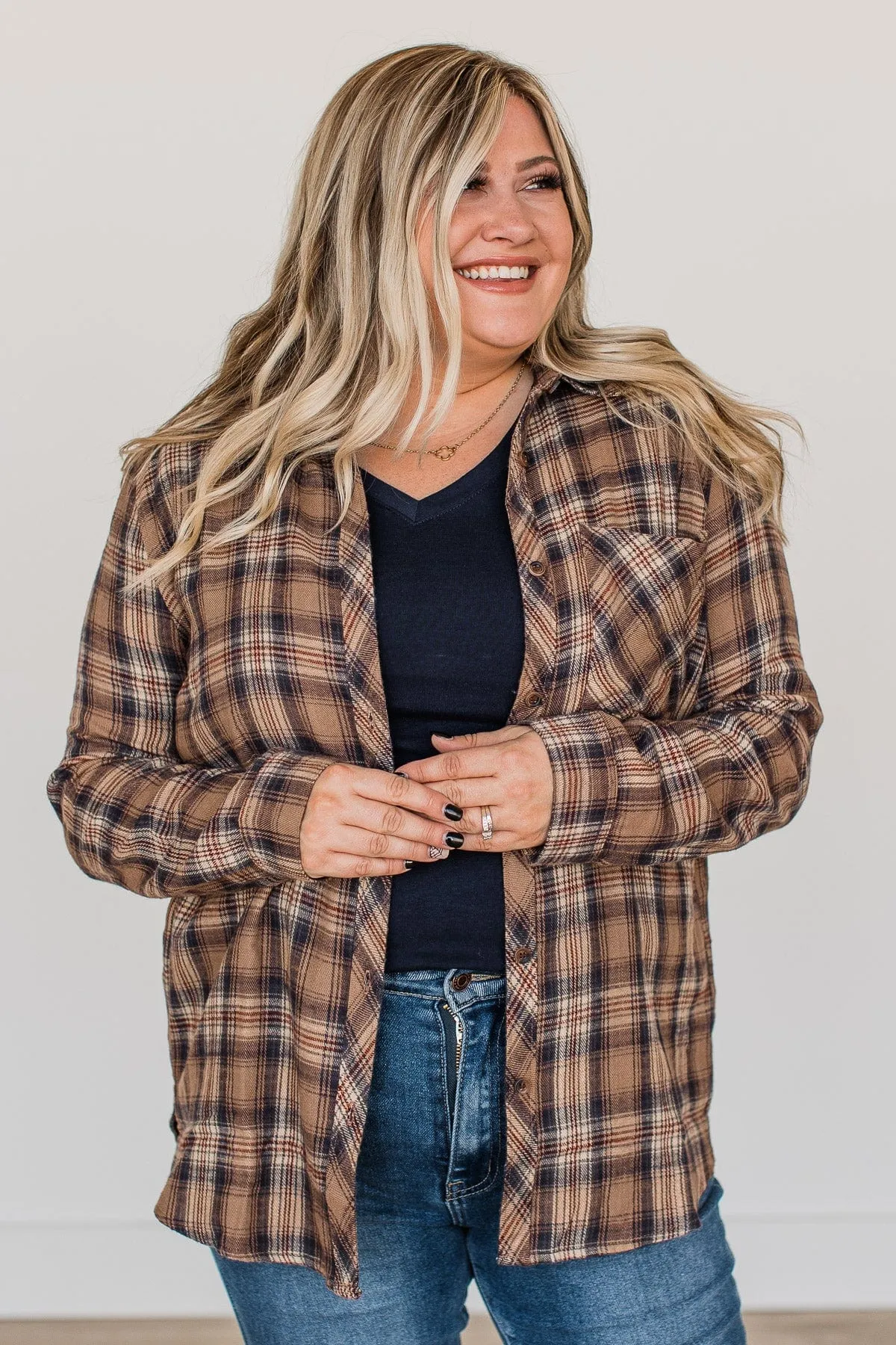Harvest Season Plaid Button Top- Brown & Navy