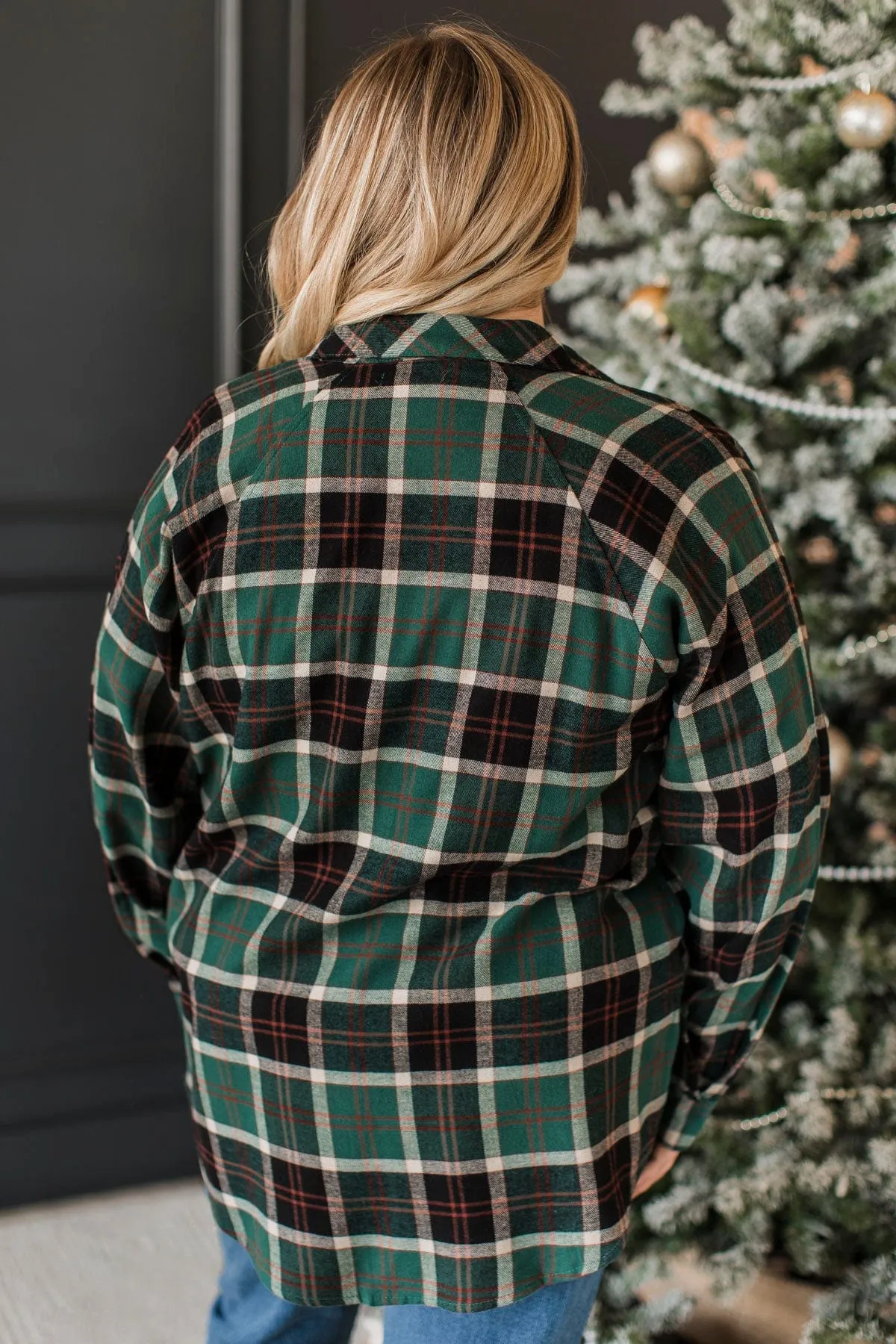 Here Again Plaid Button Top- Hunter Green