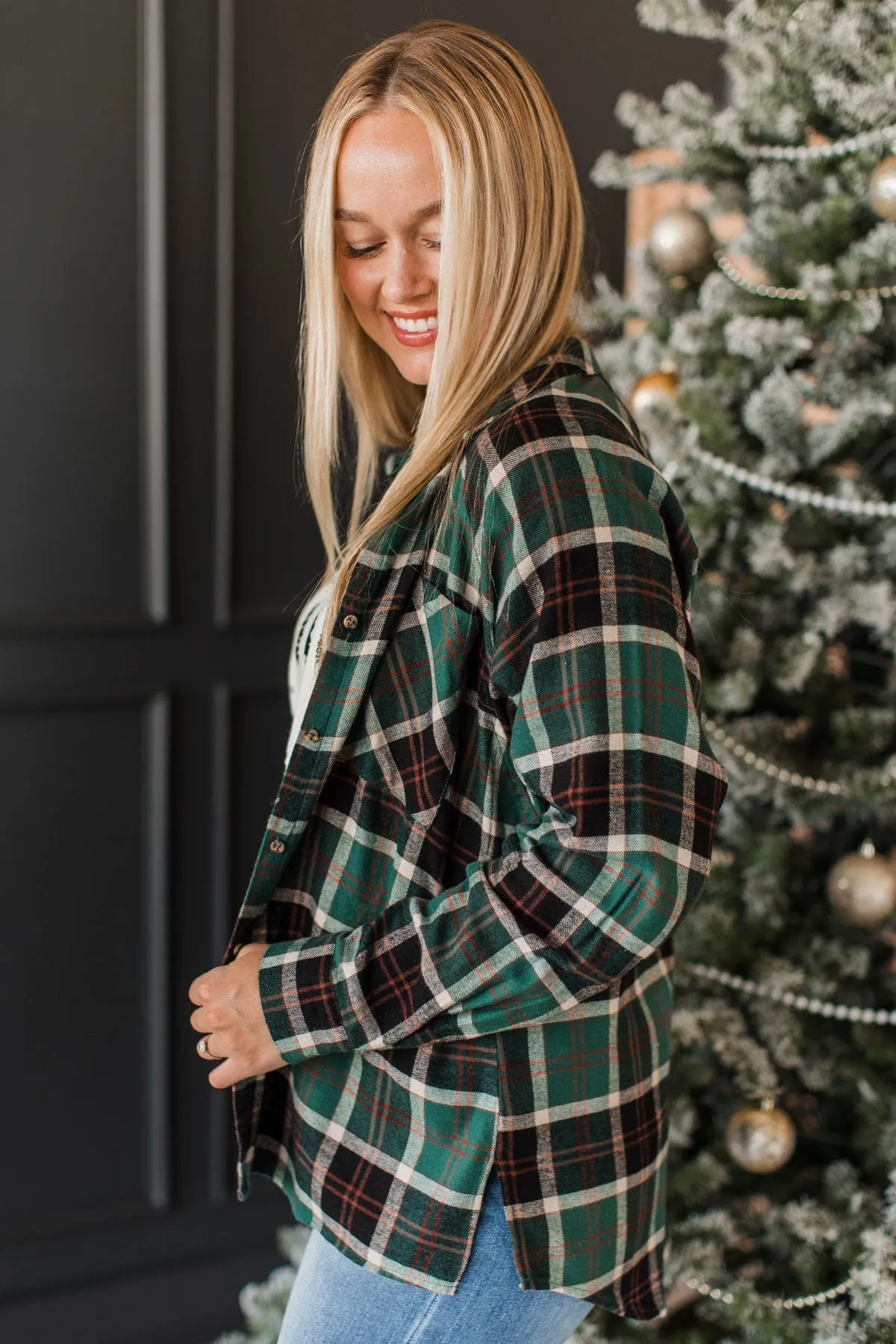 Here Again Plaid Button Top- Hunter Green