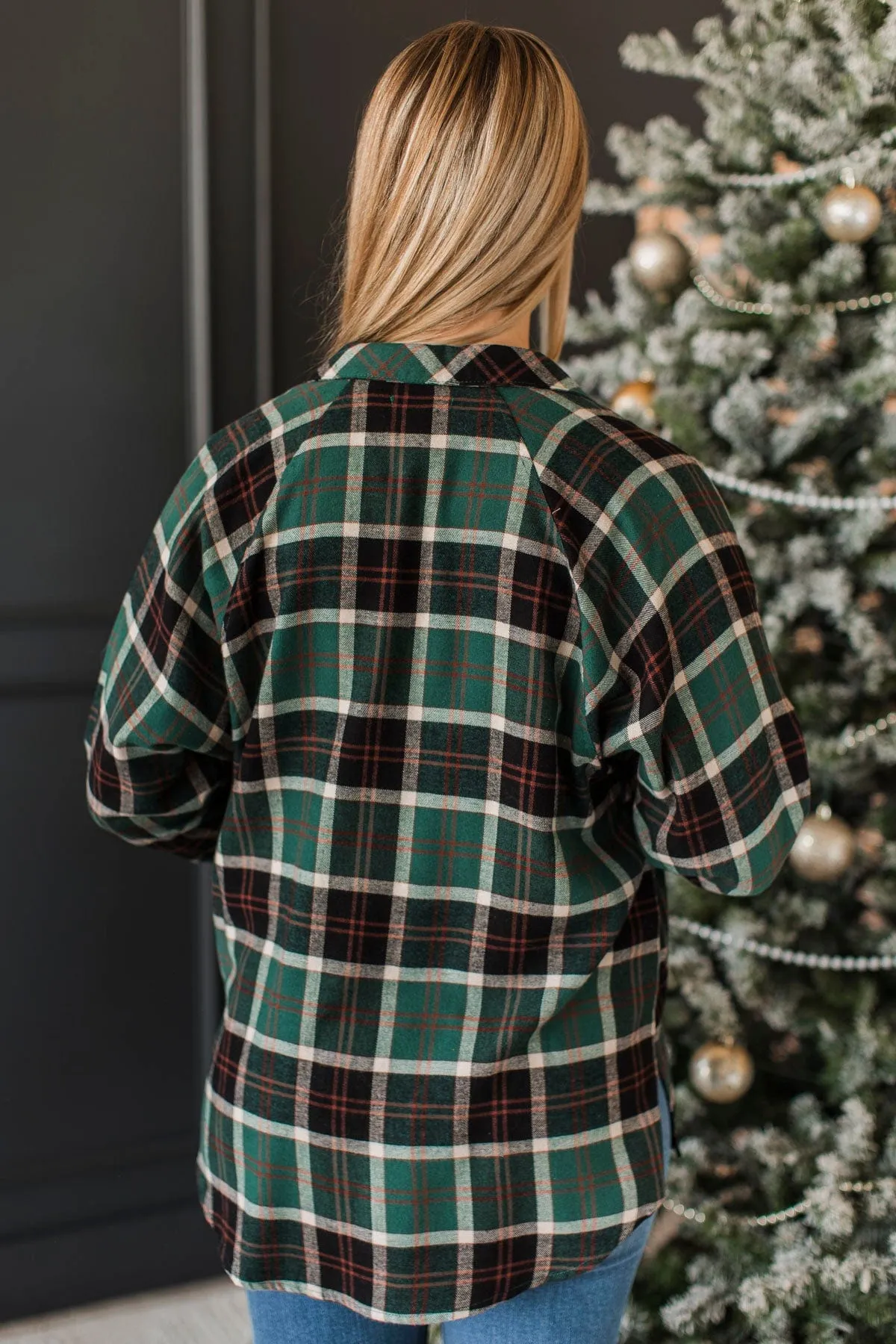 Here Again Plaid Button Top- Hunter Green